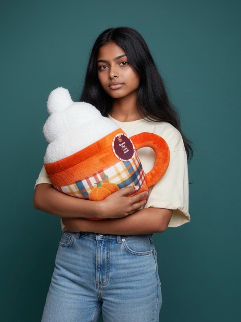 Plush Pumpkin Spice Mug Decorative Pillow - White & Orange